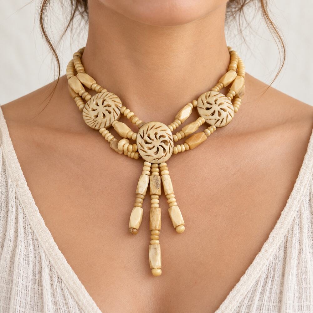 Vintage Carved Bone Bead Necklace Multi Strand Openwork Medallion Boho Statement